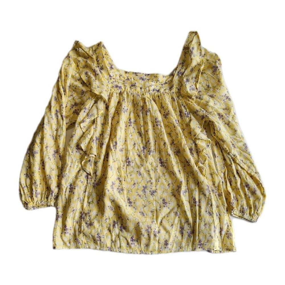 Chaps Womens Squareneck Ruffle Top Blouse Yellow Lilac Floral Gauze Size S - Picture 2 of 8